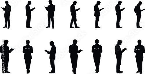 Silhouettes of men reading books in various standing and walking poses, business attire, education, knowledge, learning, reading habit, literacy, study