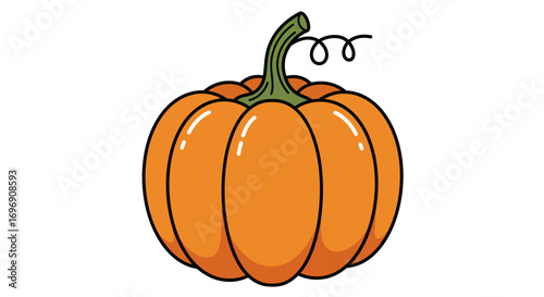 Vibrant cartoon pumpkin with green stem and curl on white background