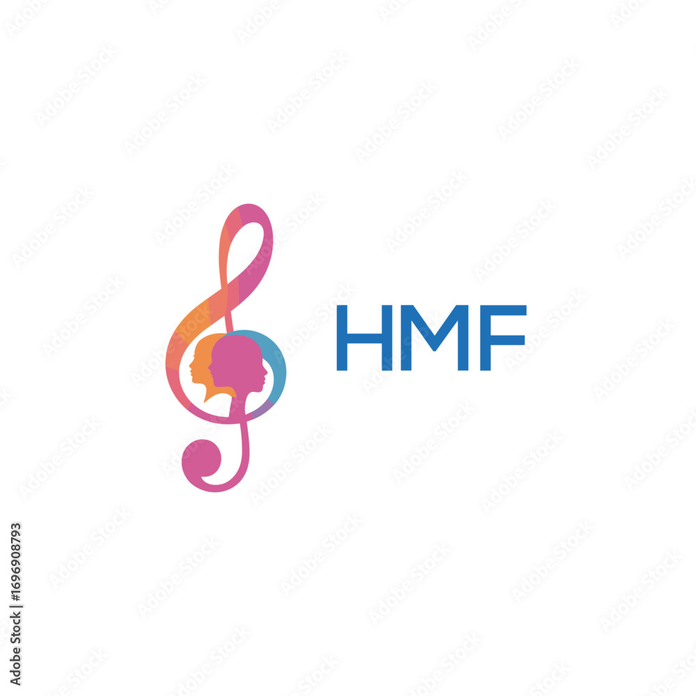 Obraz premium HMF “Colorful music logo with human faces and treble clef design” HMF Later Logo, “Creative music academy logo with silhouette heads and notes” 