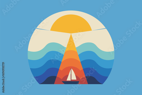 Stylized illustration of a sailboat on wavy water under a sun in a circular frame design view