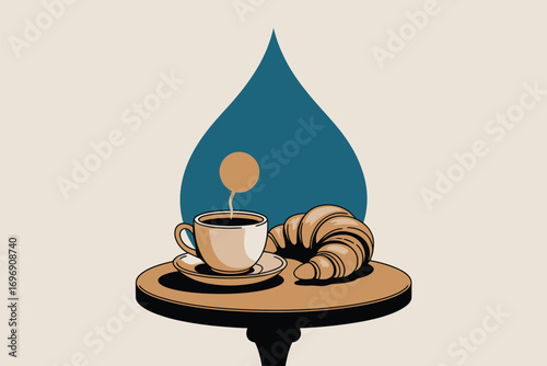 A coffee cup and croissant on a round table with a blue teardrop shape in the background art style