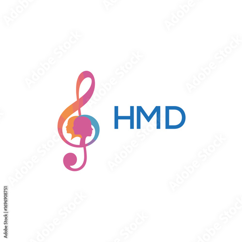 HMD “Colorful music logo with human faces and treble clef design” HMD Later Logo, “Creative music academy logo with silhouette heads and notes” 
