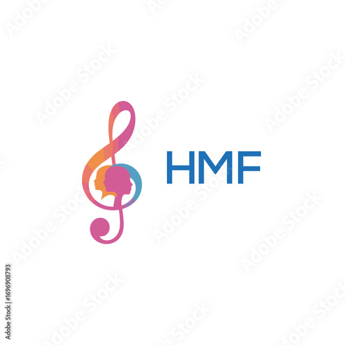 HMF “Colorful music logo with human faces and treble clef design” HMF Later Logo, “Creative music academy logo with silhouette heads and notes” 
