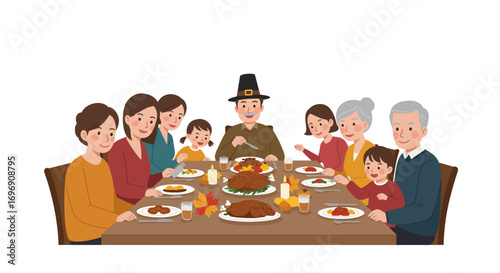 Thanksgiving family dinner celebration in cartoon style