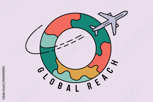 An airplane flying around a colorful globe with the words global reach written at the bottom edge