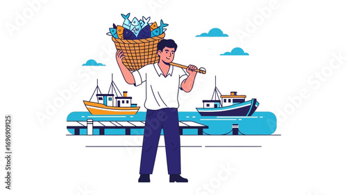 Coastal Bounty: A diligent fisherman, bearing a bountiful basket of freshly caught fish, exudes contentment against the backdrop of the azure sea and picturesque fishing boats.