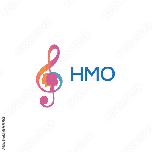 HMO “Colorful music logo with human faces and treble clef design” HMO Later Logo, “Creative music academy logo with silhouette heads and notes” 
