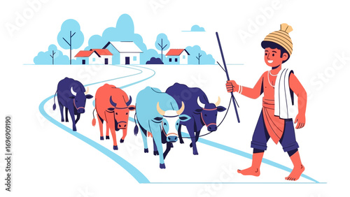 Shepherd's Journey: A vibrant cartoon captures the essence of rural life, depicting a smiling shepherd guiding a herd of vibrant cattle, a serene village nestled in the backdrop.