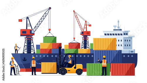 Global Cargo Hub: The maritime world unfolds with a meticulously designed illustration showcasing a ship undergoing cargo operations, highlighting logistics and global trade.
