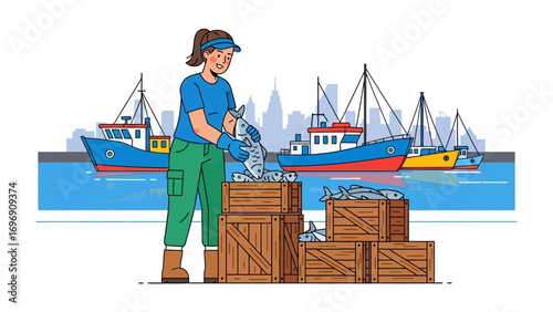 Catch of the Day: A hard-working female worker sorts fresh fish on a dock, against a backdrop of docked fishing vessels and the cityscape, embodying the essence of a bustling maritime scene.