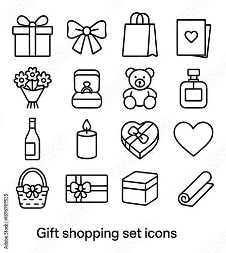 Gift shopping linear icons set. featuring gift box, bow, bag, flowers, jewelry, teddy bear, perfume, wine, candle, heart, basket