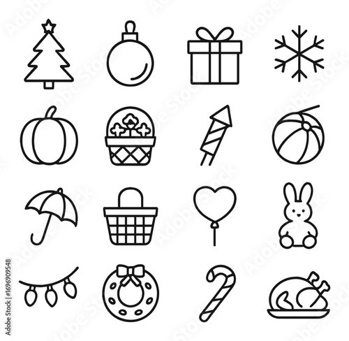 Holiday celebrations linear icon set. featuring christmas tree, ornament, gift, snowflake, pumpkin, and more