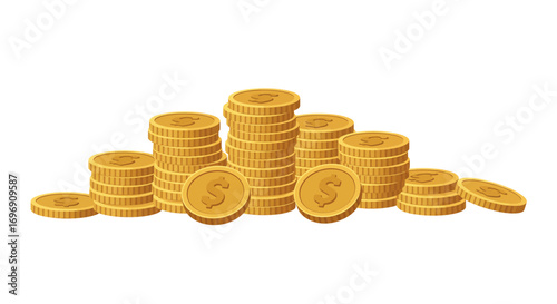 Stacked gold coins on white background depicting wealth and savings concept