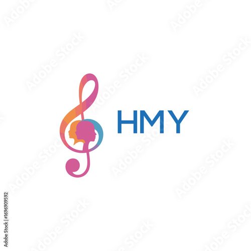 HMY “Colorful music logo with human faces and treble clef design” HMY Later Logo, “Creative music academy logo with silhouette heads and notes” 
