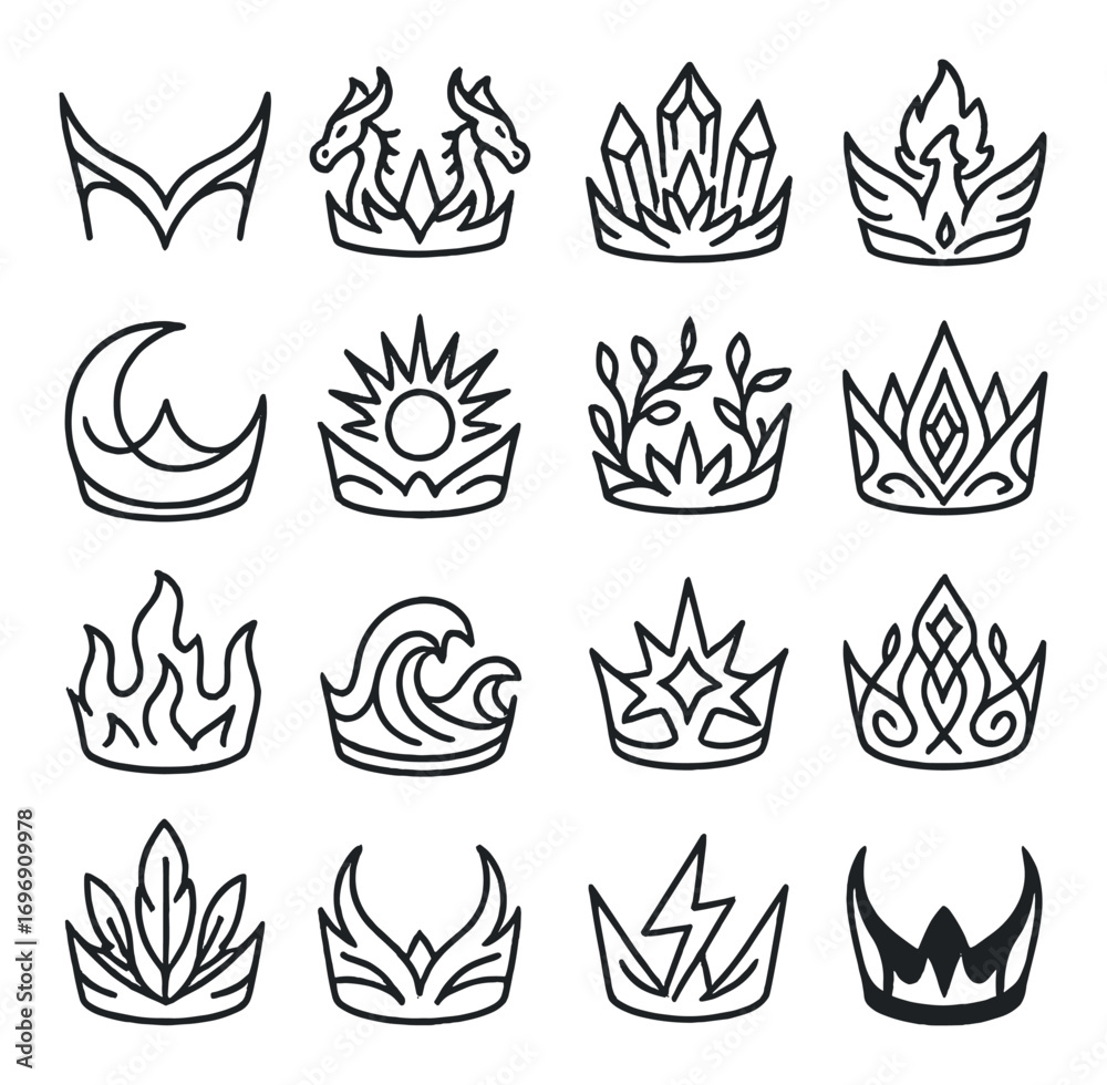 Fototapeta premium Elemental powers linear icon set. featuring crown symbols of fire, water, earth, lightning, dragon, and moon