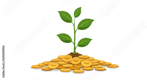 Growing wealth: money plant emerging from coins symbolizing financial growth