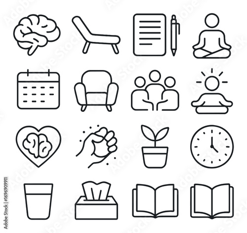 Mindfulness and wellness linear icon set. featuring meditation, yoga, relaxation, and mental health symbols
