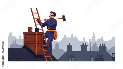 Chimney Sweep on Duty: An illustration of a chimney sweep, meticulously tending to his craft atop a rooftop, a symbol of tradition and skilled workmanship. 
