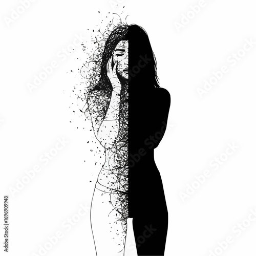 Split Silhouette of Stressed Woman with Chaos and Calm Contrast