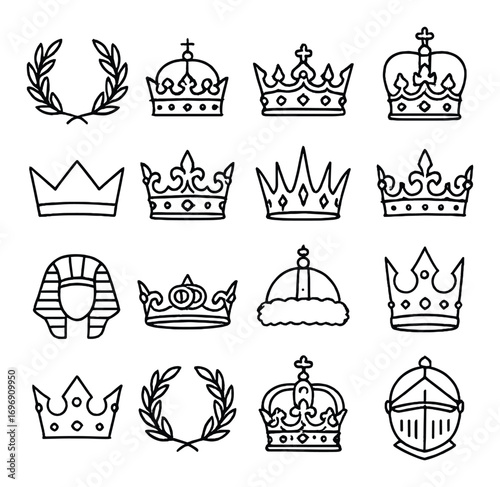 Royalty symbols linear icon set. featuring crown, laurel, helmet, pharaoh, and wreath icons