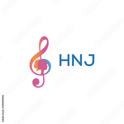 HNJ “Colorful music logo with human faces and treble clef design” HNJ Later Logo, “Creative music academy logo with silhouette heads and notes” 
