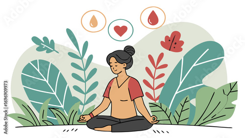 Yoga meditation vector with woman in lotus pose surrounded by nature, plants, and health icons for fitness lifestyle