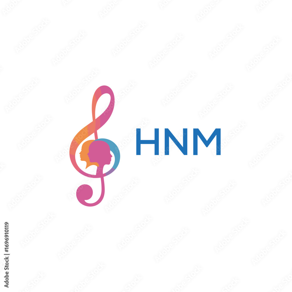Fototapeta premium HNM “Colorful music logo with human faces and treble clef design” HNM Later Logo, “Creative music academy logo with silhouette heads and notes” 