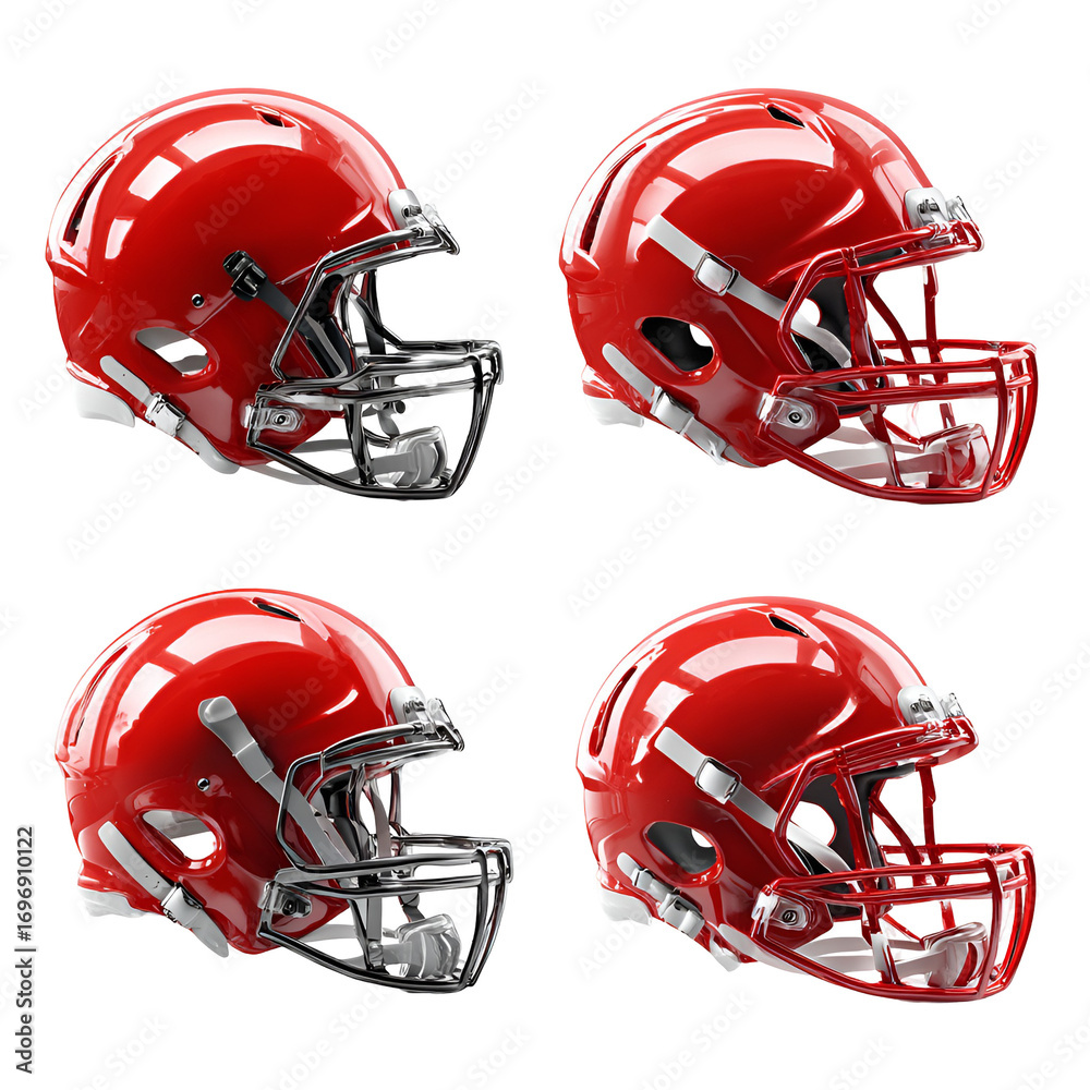 Fototapeta premium Four Red Football Helmets Displayed on Black Background