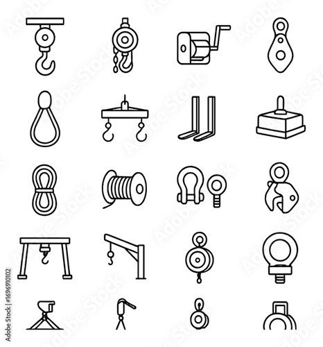 Construction machinery linear icon set. featuring crane, pulley, hook, winch, hoist, lever, and construction symbols