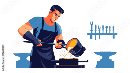 Blacksmith at Work: A blacksmith meticulously pours molten metal from a crucible, showcasing the art of metalwork, featuring a clean, minimalist aesthetic, and capturing the essence of craftsmanship
