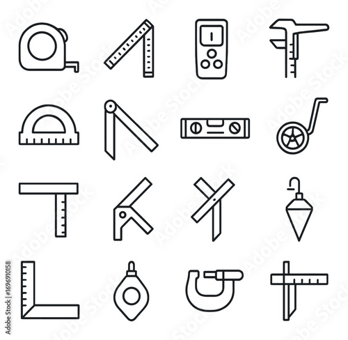 Construction tools linear icon set. featuring tape measure, protractor, level, caliper, and plumb bob