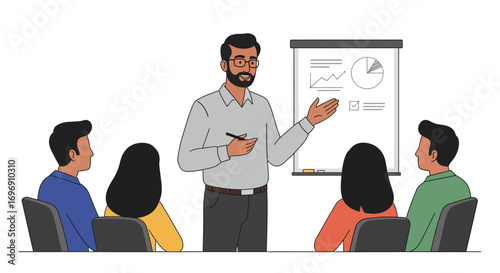 Business seminar presentation with speaker and audience in modern office setting