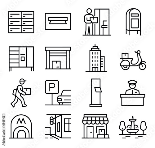 Delivery and urban transport linear icon set. featuring lockers, mailbox, courier, building, scooter, and fountain