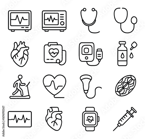 Medical equipment linear icon set. featuring monitor, stethoscope, heart, defibrillator, syringe, watch, and treadmill symbols