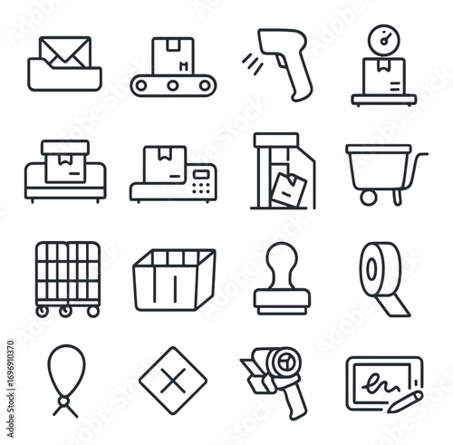 Logistics linear icon set. featuring mail, barcode scanner, parcel, warehouse, pallet, box, and tape symbols