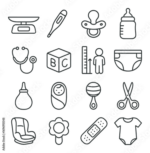 Baby essentials linear icon set. featuring scale, thermometer, pacifier, bottle, blocks, and diaper symbols