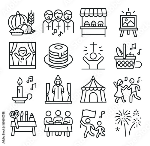 Autumn festival linear icon set. featuring harvest, parade, market, concert, candle, pancake, and fireworks symbols