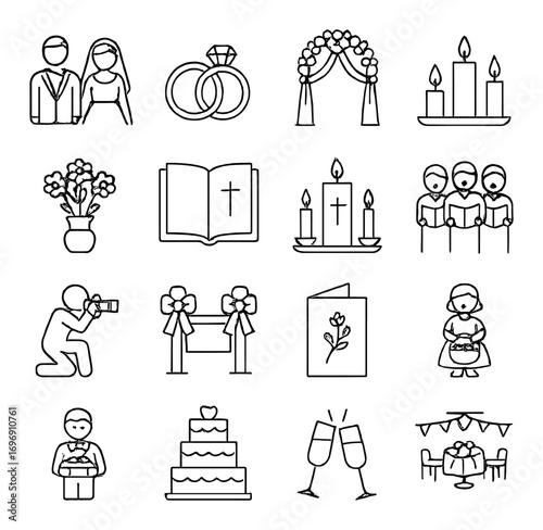 Wedding linear icons set. featuring rings, cake, ceremony, vows, photographer, and bouquet symbols
