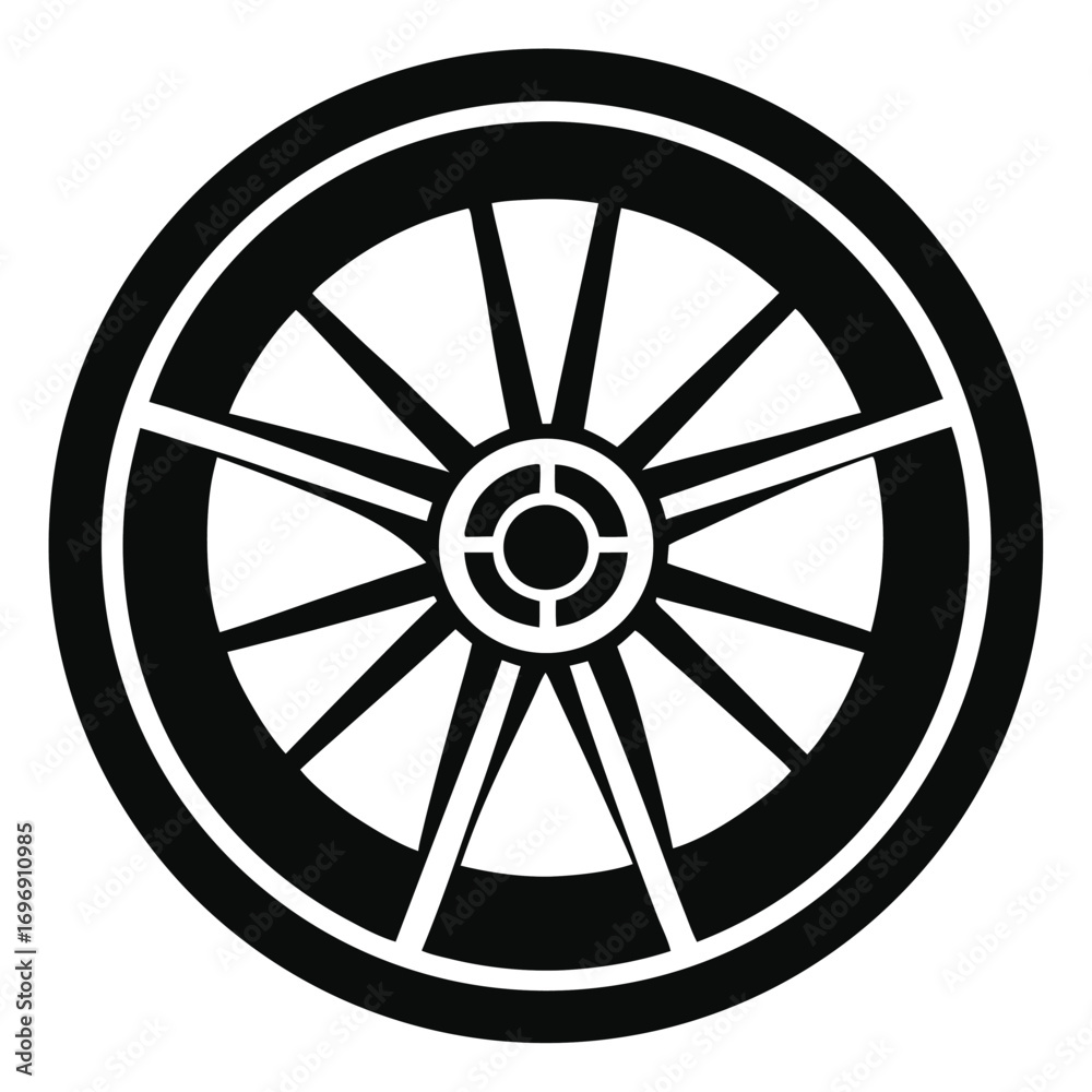 Fototapeta premium Black Wagon Wheel with Spokes Radiating from Central Hub Vector Illustration Image