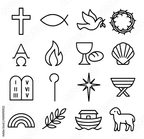 Christian symbols linear icon set. featuring cross, fish, dove, crown, alpha, fire, chalice, shell, and lamb icons