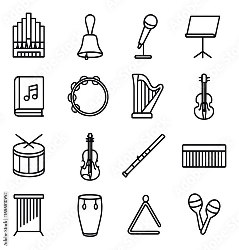 Music instruments linear icons set. featuring organ, bell, microphone, music stand, book, tambourine, harp, violin
