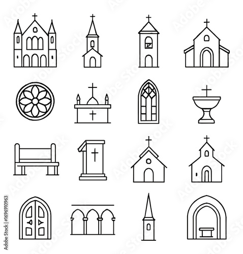 Religion and architecture linear icon set. featuring church, altar, chapel, window, and pew symbols