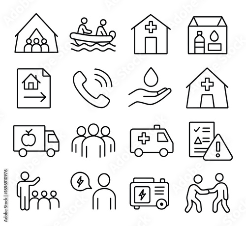 Humanitarian aid linear icon set. featuring shelter, rescue, hospital, medicine, delivery, phone, water, ambulance symbols
