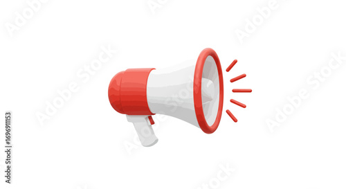 3d red and white megaphone with sound waves on white background