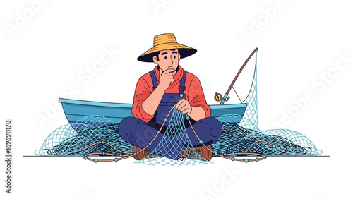 A Fisherman Contemplating His Next Catch: An illustration captures a thoughtful fisherman, seated beside his boat and nets, pondering his upcoming fishing expedition with his fishing rod.