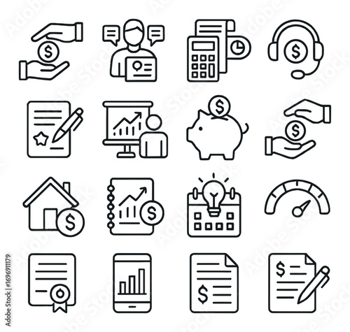 Finance linear icon set. featuring investment, support, calculator, headset, contract, growth, savings, and report symbols