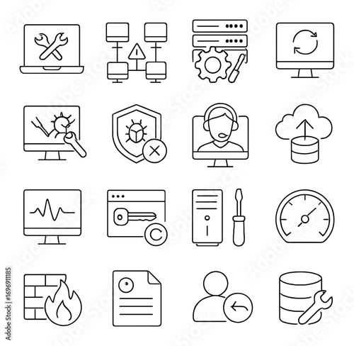 Technology linear icon set. featuring laptop, server, update, shield, antivirus, cloud, and firewall symbols