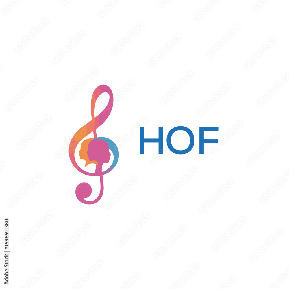 Obraz premium HOF “Colorful music logo with human faces and treble clef design” HOF Later Logo, “Creative music academy logo with silhouette heads and notes”HOF music, logo, HOF abstract, creative, HOF colorful,