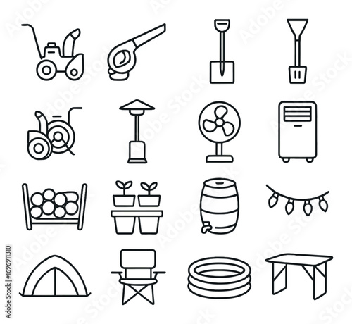 Gardening and outdoor linear icon set. featuring lawnmower, shears, shovel, spade, aerator, wheelbarrow designs