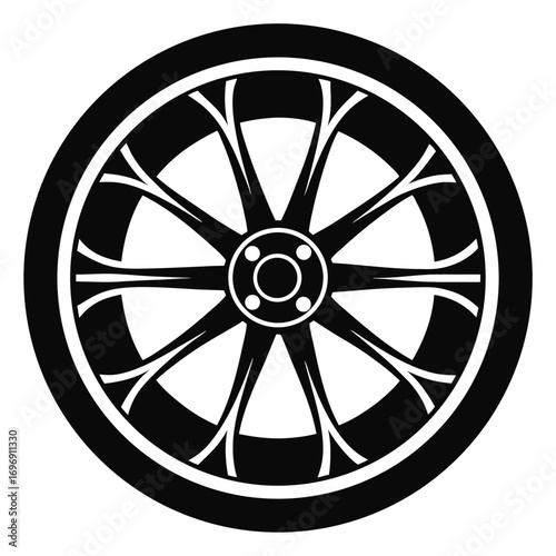 Black and White Car Wheel Rim Illustration with Eight Spokes Design